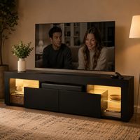 Meuble TV moderne noir de 63 pouces avec éclairage LED RGB 20 couleurs, 2 grands tiroirs et étagères en verre trempé, console multimédia pour téléviseurs jusqu'à 70 pouces