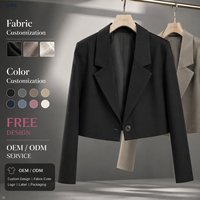Blazer court sur mesure noir pour femme en mélange coton-polyester, col à revers cranté, col en V, manches longues, bouton unique