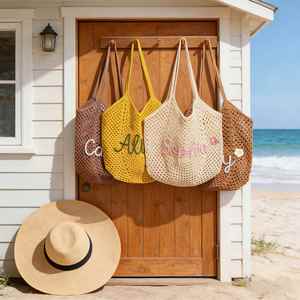 Crochet Beach Tote, Boho Cotton Net Market Pouch, Custom Trip <b>Bag</b>, Summer Shoulder <b>Bag</b> for Women, <b>Bridesmaid</b> <b>Gift</b> - Product Image 2