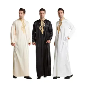 Mannen Arabische Lange Mouw Borduurwerk Thobe Islamitische Kleding Abaya Man Stand Kraag Kraag Kaftan Gewaad