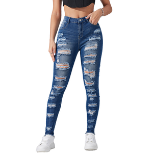 Livraison gratuite aux États-Unis - Vente en gros de jeans en denim extensible pour femmes, leggings déchirés, coupe slim, pantalon crayon, décontracté, taille bleue - Product Image 1