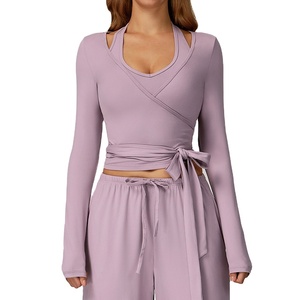 Top Deportivo <span class=keywords><strong>LANGHE</strong></span> Personalizado de Alta Calidad, de Secado Rápido, Manga Larga, Cuello en V Profundo, Estilo Envolvente, para Yoga, Running y Deportes para Mujer - Product Image 4