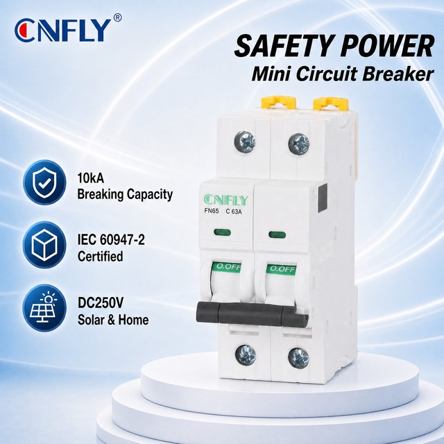 CNFLY FN65 Double Pole Miniature Circuit Breaker (MCB) C63 10KA Breaking Capacity BCD Curve IP20 Protection 240/415V Copper Rail