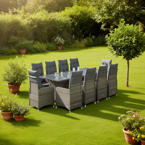 Conjunto de Bistro de Ratán Gris para 8 Personas, Estructura de Acero con Recubrimiento en Polvo, Vidrio Templado, Muebles de Jardín para Exteriores - Product Image 2