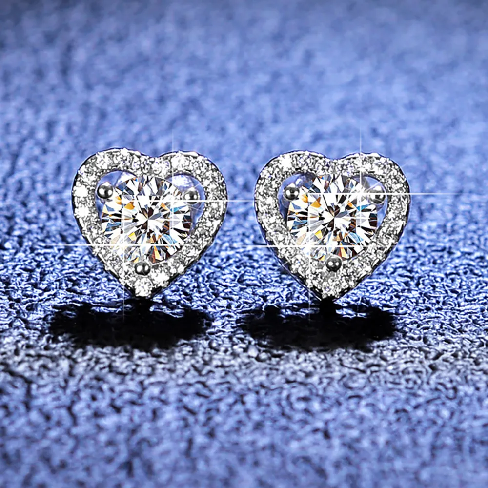 Pendientes de plata de primera ley con forma de corazón para mujer, aretes pequeños, plata esterlina 925, oro de 18 quilates, 18K, Diamante Blanco, moissanita