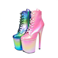 Chaussures de pole dance en acier de 20 cm, bottes basses à 8 trous, talons aiguilles, lacets avant, fermeture éclair latérale, bout en caoutchouc de couleur unie