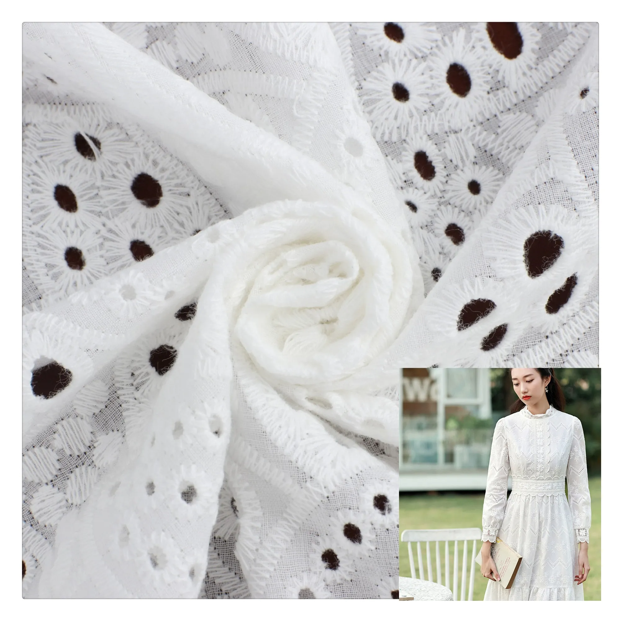 Özel yapılmış beyaz Cording işlemeli % 100% pamuk ipliği kuşgözü nakış kumaş düğün elbisesi gelin kıyafeti