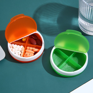 Hot Sale Mini Round Plastic Container Box with 4 Compartments Pill Storage Box Travel Pill Container