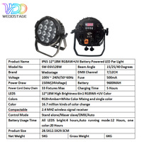 Luz LED Par de Aluminio IP65 Resistente al Agua, Alimentada por Batería, 12x18W RGBWAUV, Control DMX512, 16.7 Millones de Colores, Profesional para Escenarios y DJ