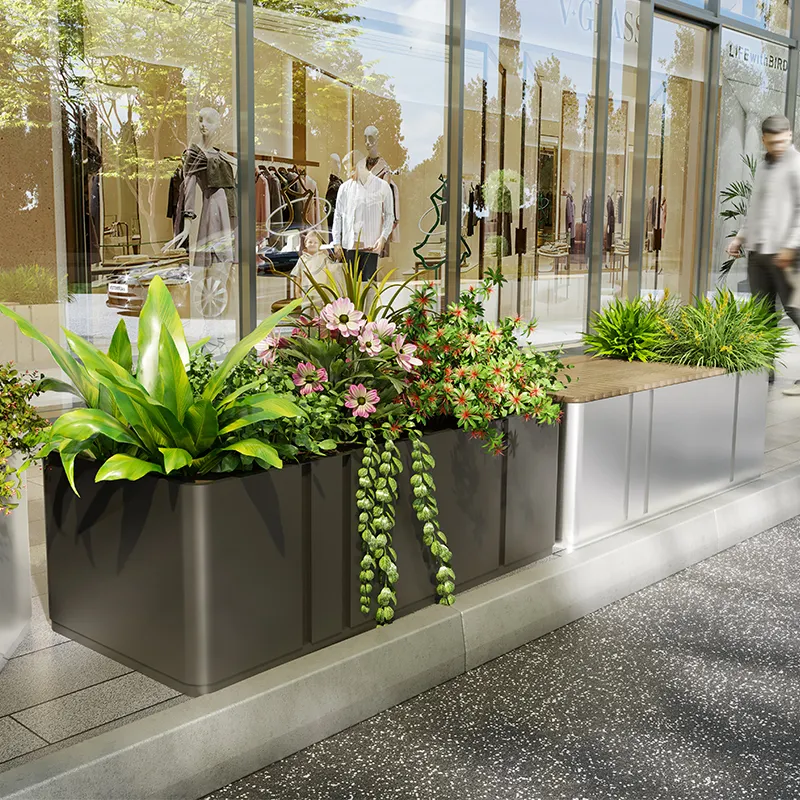 Nuovo!!! Design combinato di fioriera e panca da esterno vaso da fiori e panca fioriera in metallo per parco pubblico e giardino