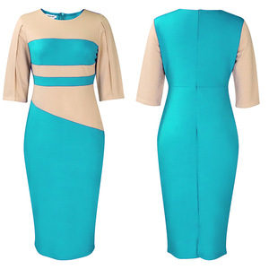 Spring New Fashion Elegant Five-Sleeve Color Block Dress African Plus Size Women's <strong>Clothing</strong> for Office - Product Image 3