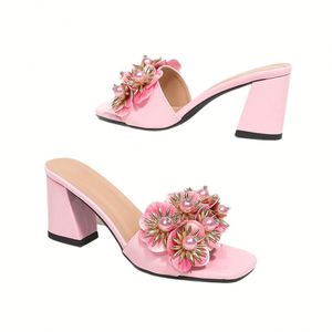 square Toe <b>Block</b> Heel Sandals Pearl Rhinestone Handmade Flower Elegant Comfy Women Wedding Party Summer Shoes - Product Image 4