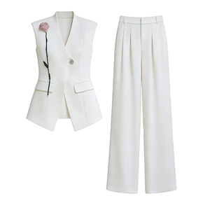 Conjunto de Blazer Corto sin Mangas Blanco para Mujer, Pantalones Anchos, Traje Formal de Dos Piezas, Cuello en V, Color Sólido, Otoño, Corte Ajustado - Product Image 1