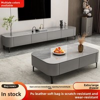 Ensemble table basse et meuble TV en bois massif avec plateau en marbre, design moderne et minimaliste, sur pieds, rangement au sol pour petit appartement