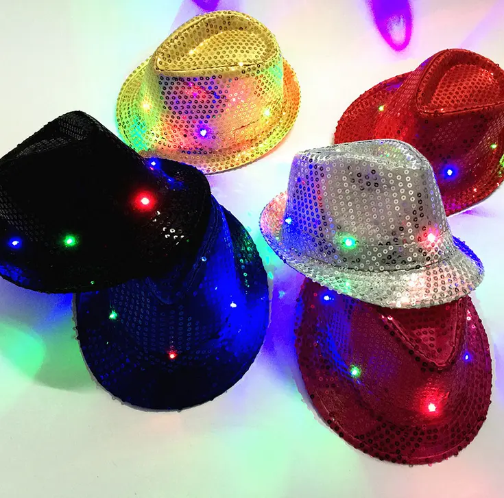 Venta al por mayor Unisex de brillo lentejuelas luz Led Jazz sombrero para baile fiesta