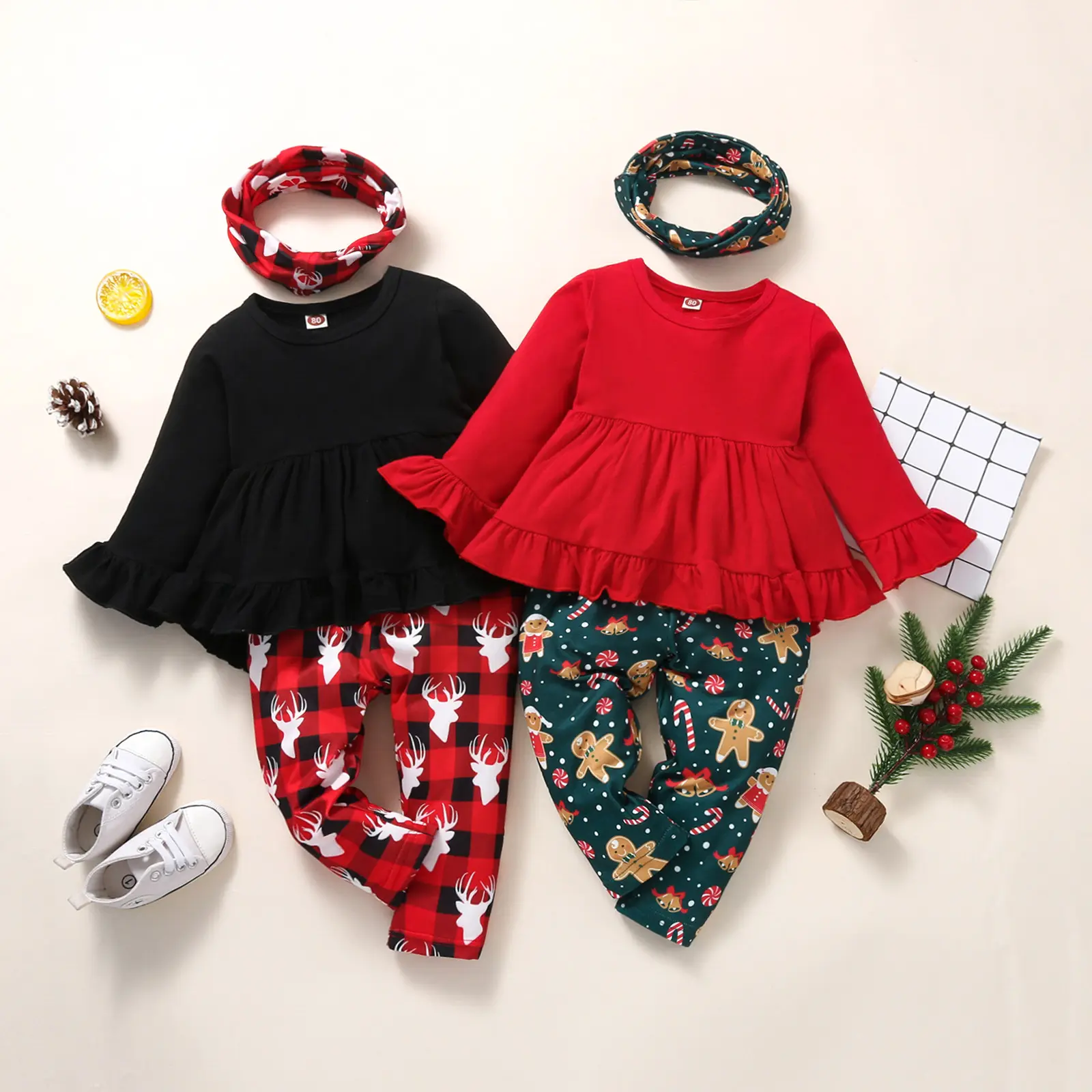 Setelan Baju Natal Anak Perempuan, Baju Kaos Lengan Panjang + Celana Rusa + Bandana, Baju Tahun Baru