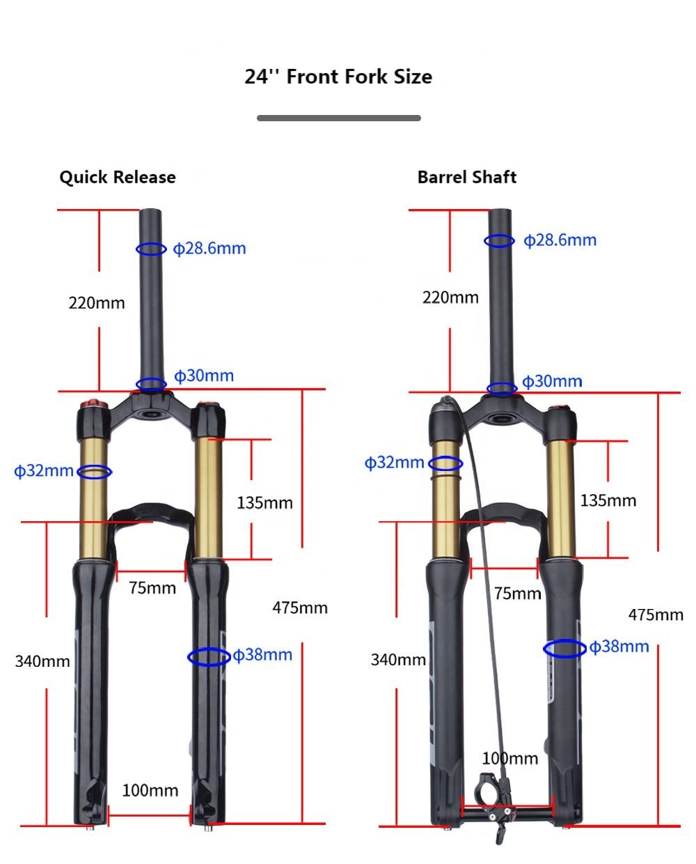 Fourche Suspendue VTT 20/24 Pouces – Pivot Droit 28,6 Mm – Débattement 100 Mm – Amortisseur Air, Verrouillage Manuel – Frein à Disque, QR 9x100 Mm – Alliage Alu/magnésium