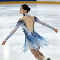 Robe de patinage artistique bleu et blanc dégradé à col montant, dos ouvert ajouré, ornée de strass, manches longues en maille, pour adultes et enfants