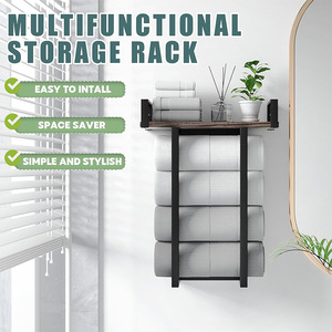 Wall Mounted Wooden Towel Rack With <b>Shelf</b> 4 <b>Bar</b> Storage Organizer For Bathroom Home Use - Product Image 2