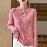 Pull-over décontracté en laine/nylon tricoté pour femme, style chinois, col montant, avec logo frontal, nouvelle collection printemps