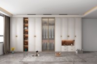 Armoire Balom Neo moderne et minimaliste personnalisable, meuble de rangement multifonctionnel pour la maison avec portes en verre et panneaux mixtes pour chambre à coucher