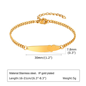 Personalized <b>Engravable</b> Stainless Steel Heart Curved Bar Bracelet Minimal Polished Link Chain Gold Color Unisex Fashion Gift - Product Image 2