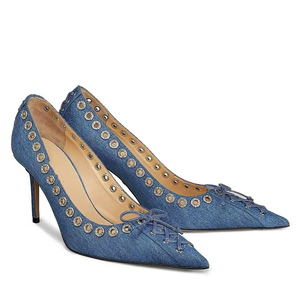 Chaussures à talons hauts pour femme, grande taille 45, en jean chic, style stiletto, à lacets sur le devant, avec nœud, bout pointu, décorées de trous métalliques - Product Image 5