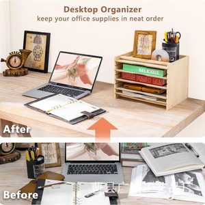 Wooden Office Desk <b>File</b> Rack 5 Tier Adjustable Document <b>Organizer</b> Natural Wood Color Standing Type - Product Image 3