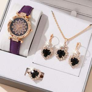 <span class=keywords><strong>Montre</strong></span> à cadran <span class=keywords><strong>lotus</strong></span> et ensemble de bijoux en forme de cœur pour femme, collier, boucles d'oreilles, bague en cristal de luxe, coffret cadeau - Product Image 2