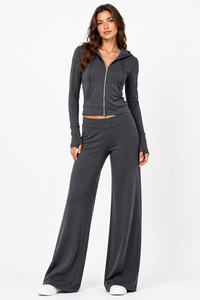 2 Piece <b>Yoga</b> Set Long Sleeve Zipper Crop Top High Waist <b>Wide</b> <b>Leg</b> <b>Pants</b> Solid Color Breathable Spandex Polyester - Product Image 2