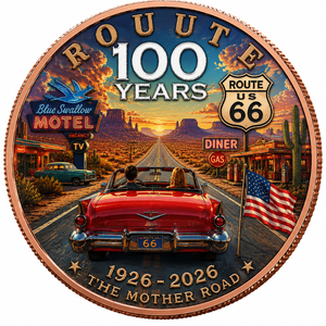 Moneta commemorativa in rame puro .999 da 1oz con incisione 3D Route 66 Centennial, 100 anni della Mother Road, oggetto da collezione d'arte vintage statunitense - Product Image 1