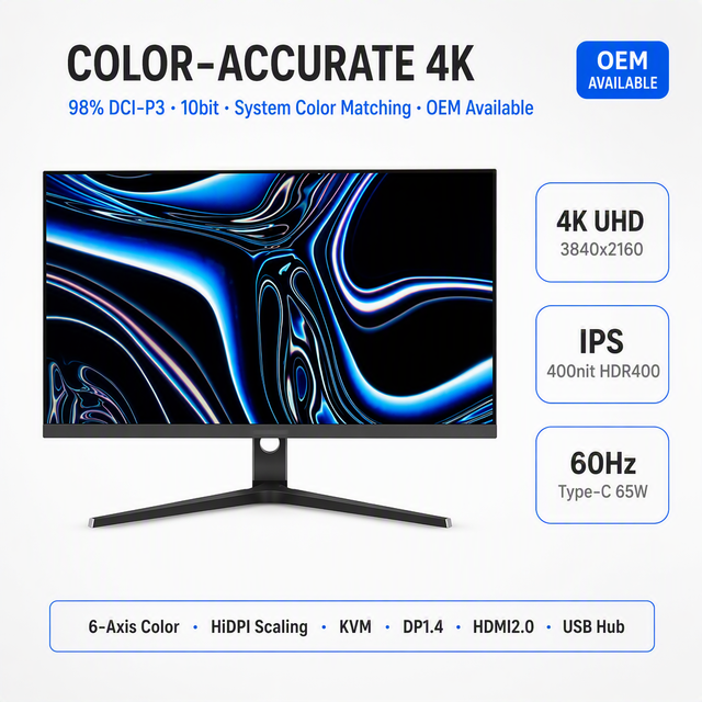 32 Inch 4K UHD Color-Accurate Professional Monitor 3840x2160 IPS 98% DCI-P3 10bit HDR400 Type-C 65W KVM 6-Axis OEM