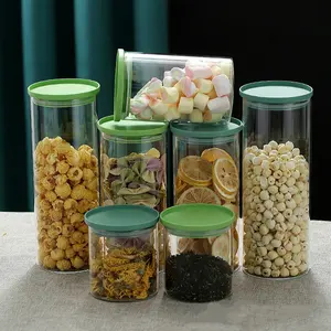 Clear Glass Jars Air Tight Canister Kitchen Food Storage Container Set with Natural Bamboo plastic Lids for Candy