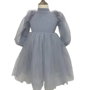 אופנה בנות שרוול ארוך חורף שמלת סוודר סוודר שמלת ילדים חורף שמלת רשת נוצות עבור 2-12 שנים