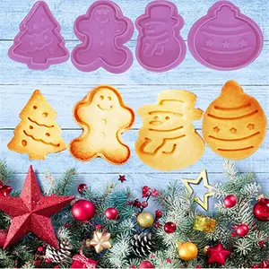 Conjunto cortador de biscoito de natal, 4 unidades, molde de biscoito fondant, êmbolo 3d, gravação de biscoito com homem de pão de ouro, árvore de natal