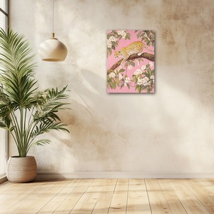 Impression sur toile moderne d'aquarelle représentant une gracieuse panthère au repos sur des branches fleuries dans un paradis rose, décoration murale - Product Image 2