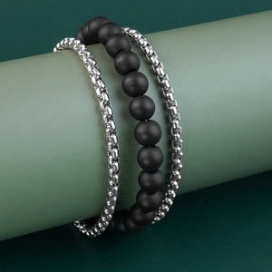 Bracelets à maillons ronds pour hommes, breloques en onyx mat, accessoires en acier inoxydable doré, bijoux de mode - Product Image 2