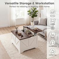Table basse relevable style ferme avec rangement, plateau relevable et compartiment caché, marron rustique et blanc pour salon