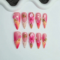 Lot de 10 faux ongles stiletto rose vif faits à la main avec breloques étoile de mer dorée et perle, luxe, à presser, taille moyenne