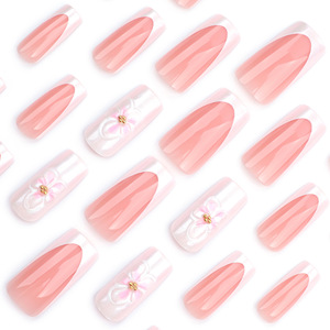 Ongles press-on carrés blancs en acrylique style français, couvrance totale, avec revêtement floral 3D, longueur moyenne, à coller – Meilleures ventes - Product Image 3