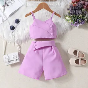 2024 summer new girl's fashion set new design suspender top shorts two piece casual children's clothes kids outfits