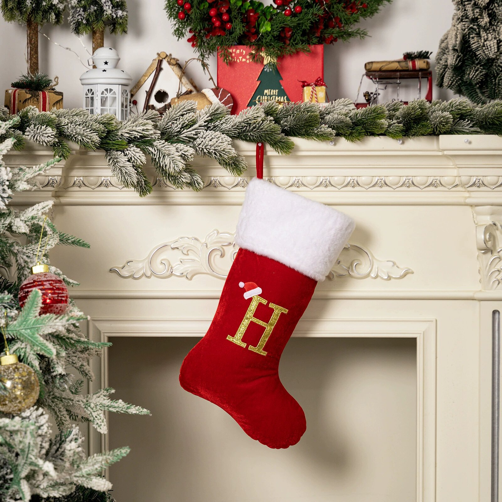 Gold velvet red christmas stocking letter h