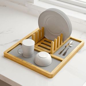 2 1 Detachable Bamboo Kitchen <b>Dish</b> Drying <b>Rack</b> Diatomite Stone Mat Modern Minimalist Multi-Compartment Plate Bowl Storage Holder - Product Image 1