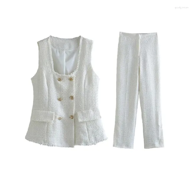 Individuelle Büro Damen Sommermode Freizeit Outfits Tweed Doppelreihe Weste gerader Hosen zweiteiliges Set