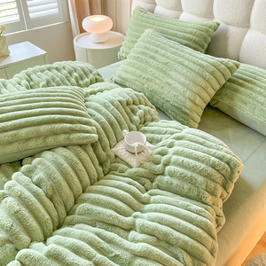 Mùa Đông Ấm Màu Xanh Lá Cây Sữa Lông Cừu Chăn Bìa Vua Kích Thước Màu Rắn Gối Bìa Bộ Đồ Giường Bộ Nhà Cung Cấp - Product Image 2