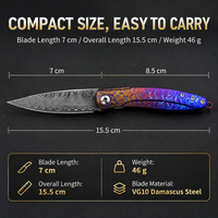 Couteau de poche pliant utilitaire/Bowie en acier Damas haut de gamme pour l'extérieur, lame Aigle, manche en alliage de titane bleu OEM, pour le transport quotidien