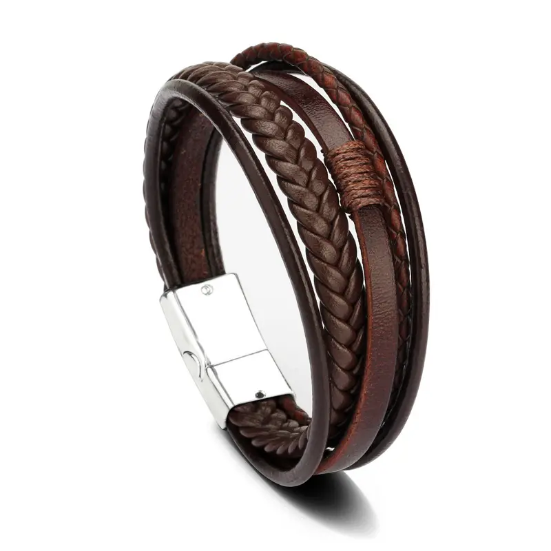 Leather Bracelet Braided Men's Leather Bracelet Alloy Magnetic Clasp Man Bracelet