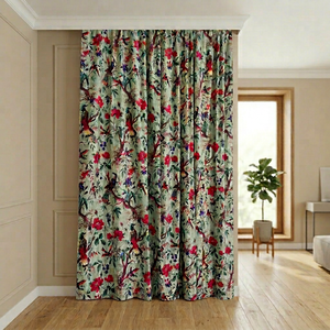 Sage Green Velvet <b>Curtain</b>: Bird Print Boho Drapes, Custom Size Vintage Style Cotton Velvet Luxury <b>Curtain</b> - Product Image 1