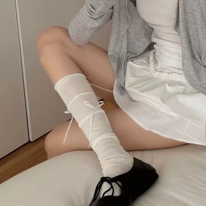 Knee-High Slouch <b>Socks</b> Women White Bow Design Breathable Polyester Fiber Spring Summer Fashion Style - Product Image 1