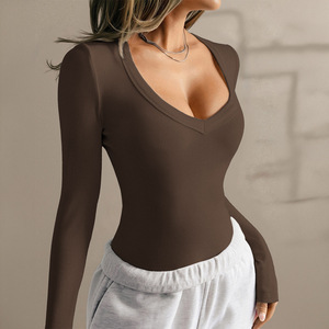 Chemises à manches longues pour femmes, style Y2K, 92% viscose, 8% élasthanne, col en V, tricot côtelé, ajustées, basiques, pour l'automne - Product Image 5